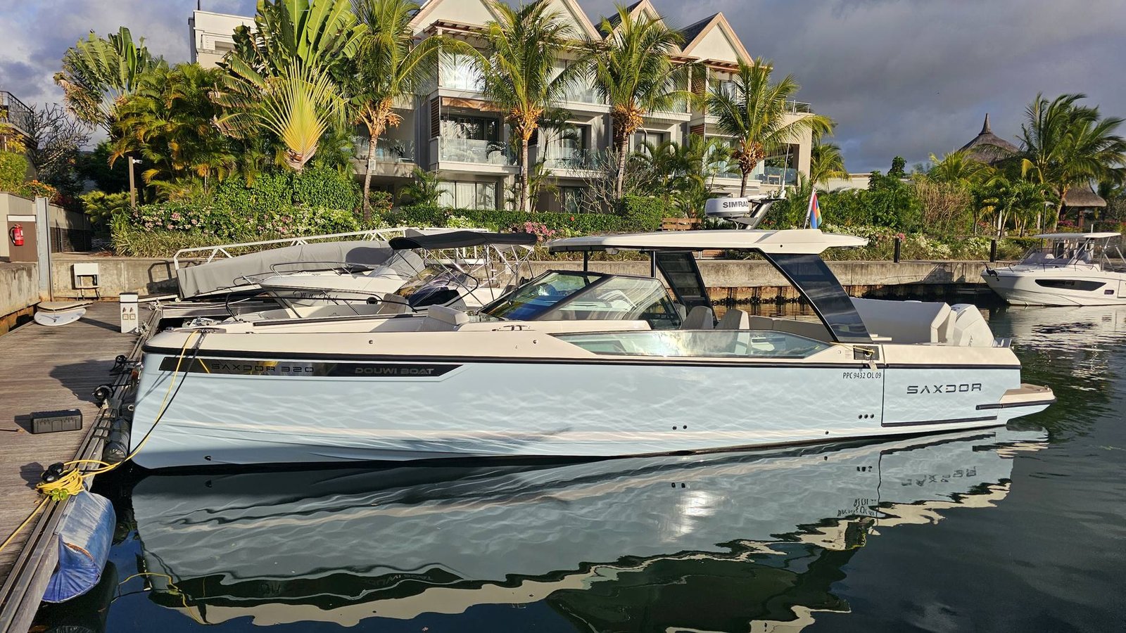 Freshly detailed Saxdor 320 at her marina berth in Mauritius